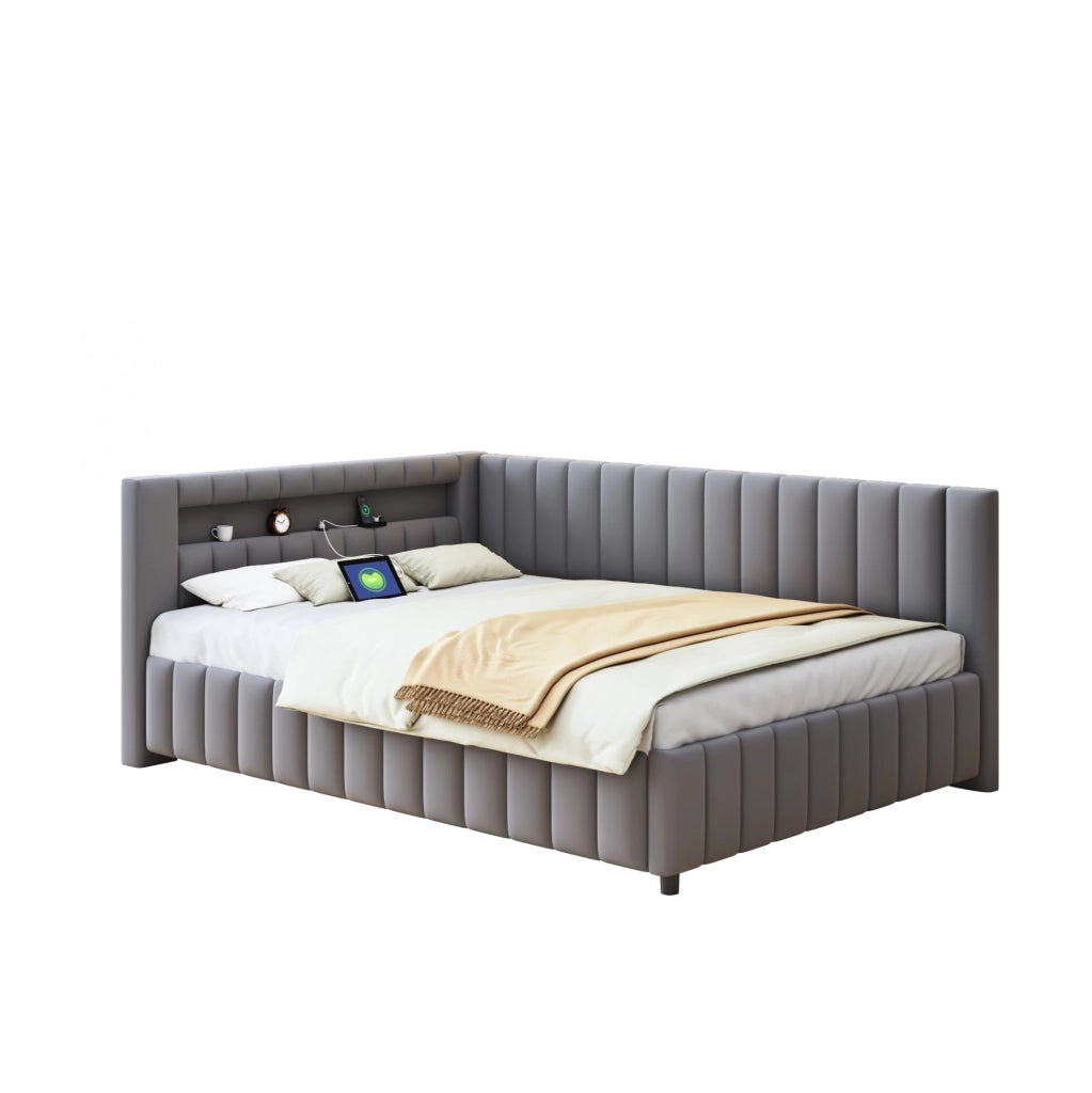 Divano Letto Imbottito in Velluto Grigio 140x200 cm con LED, USB e Schienale L-Shape