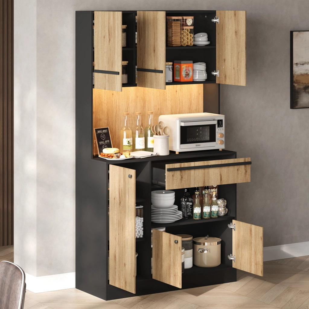 Mobile colonna da cucina con LED RGB; 2 cassetti e ripiani regolabili in MDF naturale e nero 100 × 40 × 180 cm