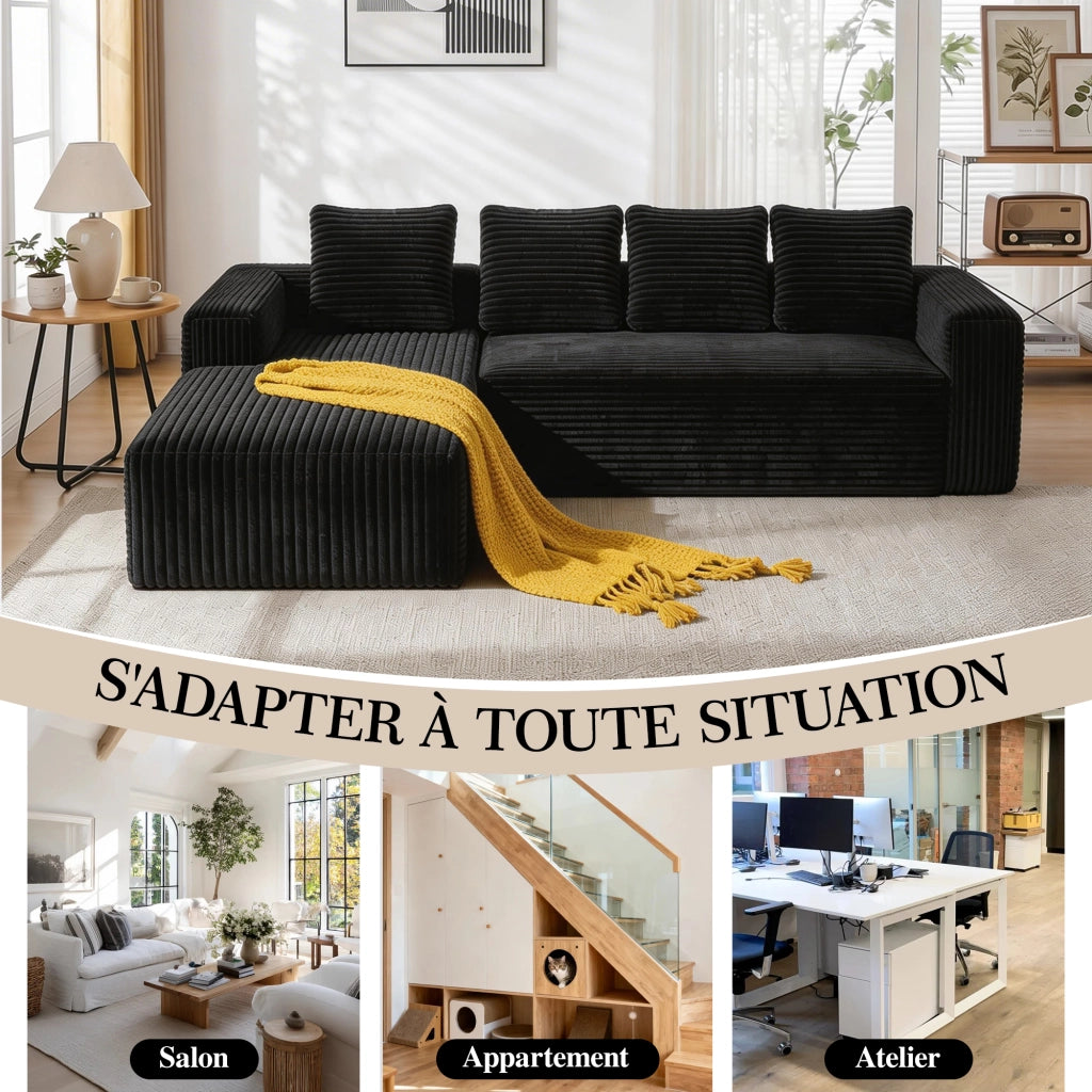 Divano modulare a forma di l con chaise longue reversibile in velluto a coste nero 261.0 × 168.0 × 58.0 cm 2 moduli
