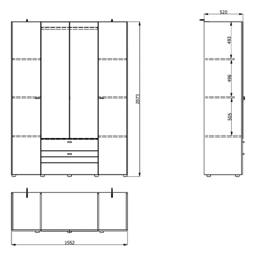 Armadio Camera da Letto Watamu, Guardaroba Grande 6 Ripiani, 155x208h cm Bianco Opaco