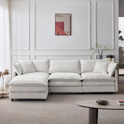 Divano angolare modulare 3 posti con pouf mobile in chenille beige struttura in legno e cuscini sfoderabili