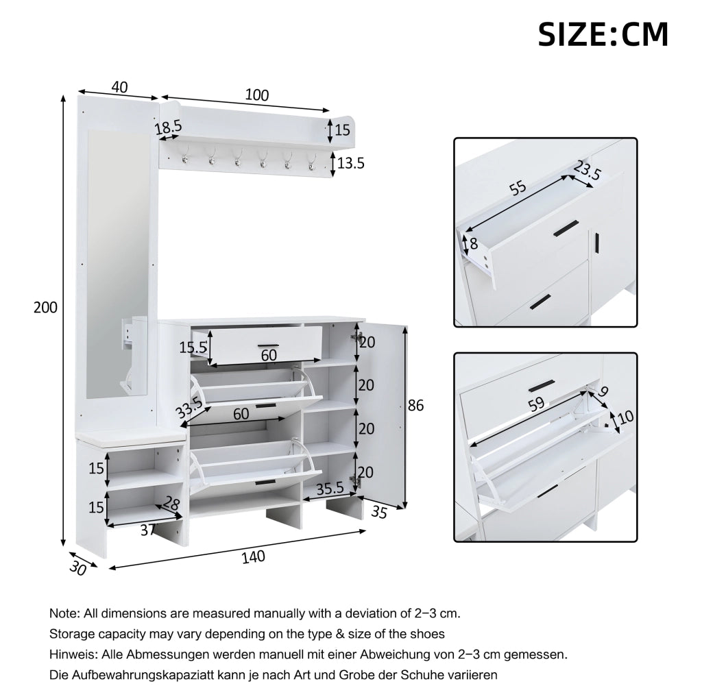 Appendiabiti multifunzione bianco con specchio, panca per cambio scarpe e armadietto 140x30x200 cm per ingresso
