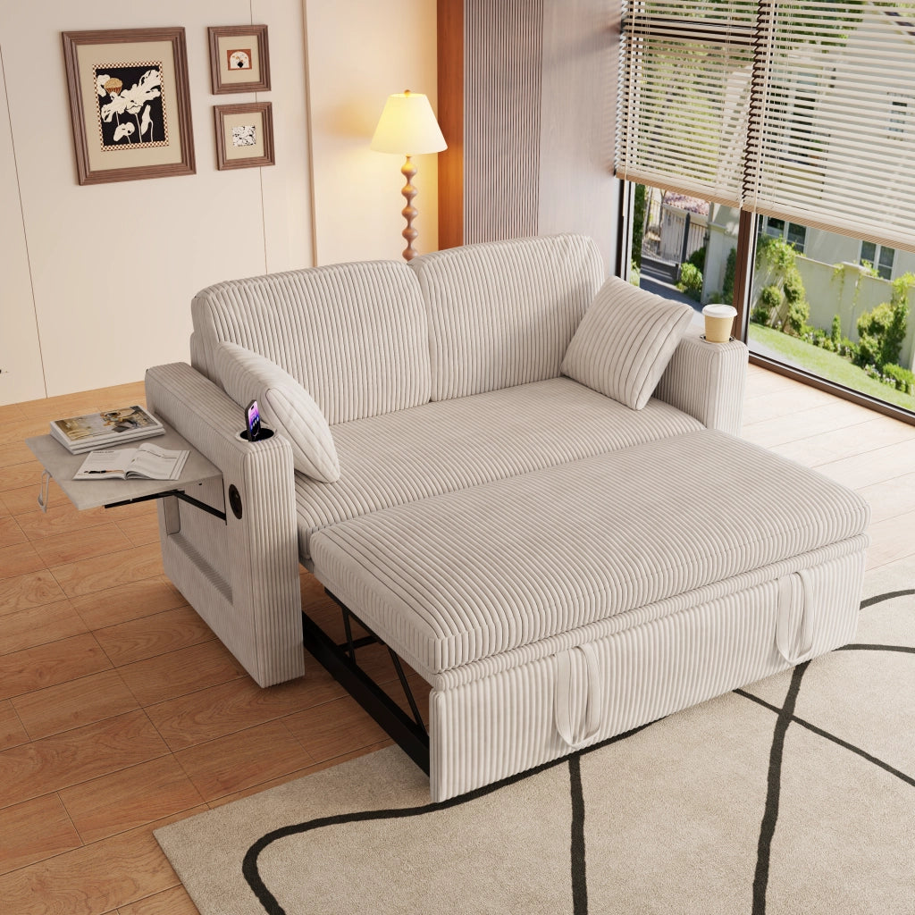 Poltrona letto 3 in 1 con schienale regolabile, USB, porta tipo C, portabicchieri e tavolini in velluto a coste bianco