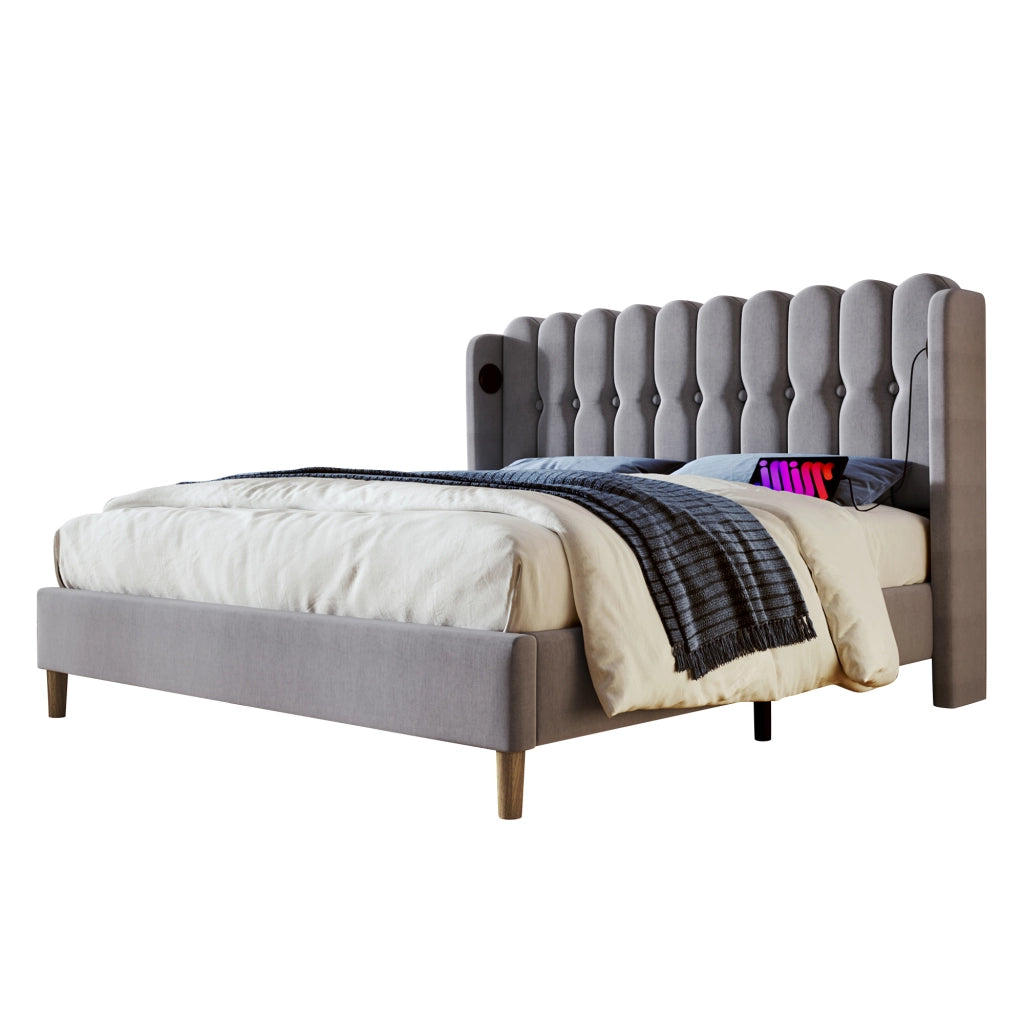 Letto Matrimoniale 140x200 cm Imbottito con USB-C; con materasso; Lino; Grigio