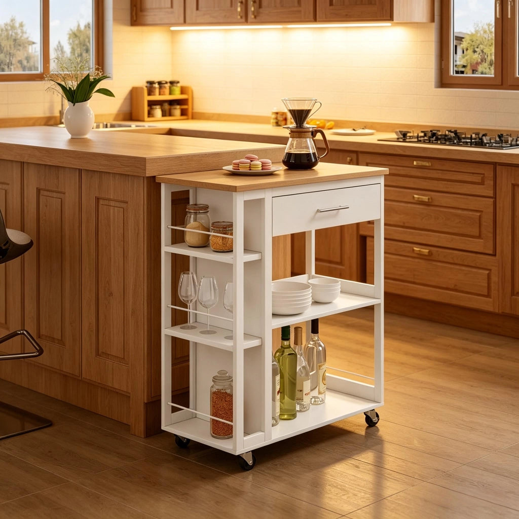 Carrello da cucina con cassetto; ripiani aperti e 4 ruote con freno in MDF bianco effetto legno