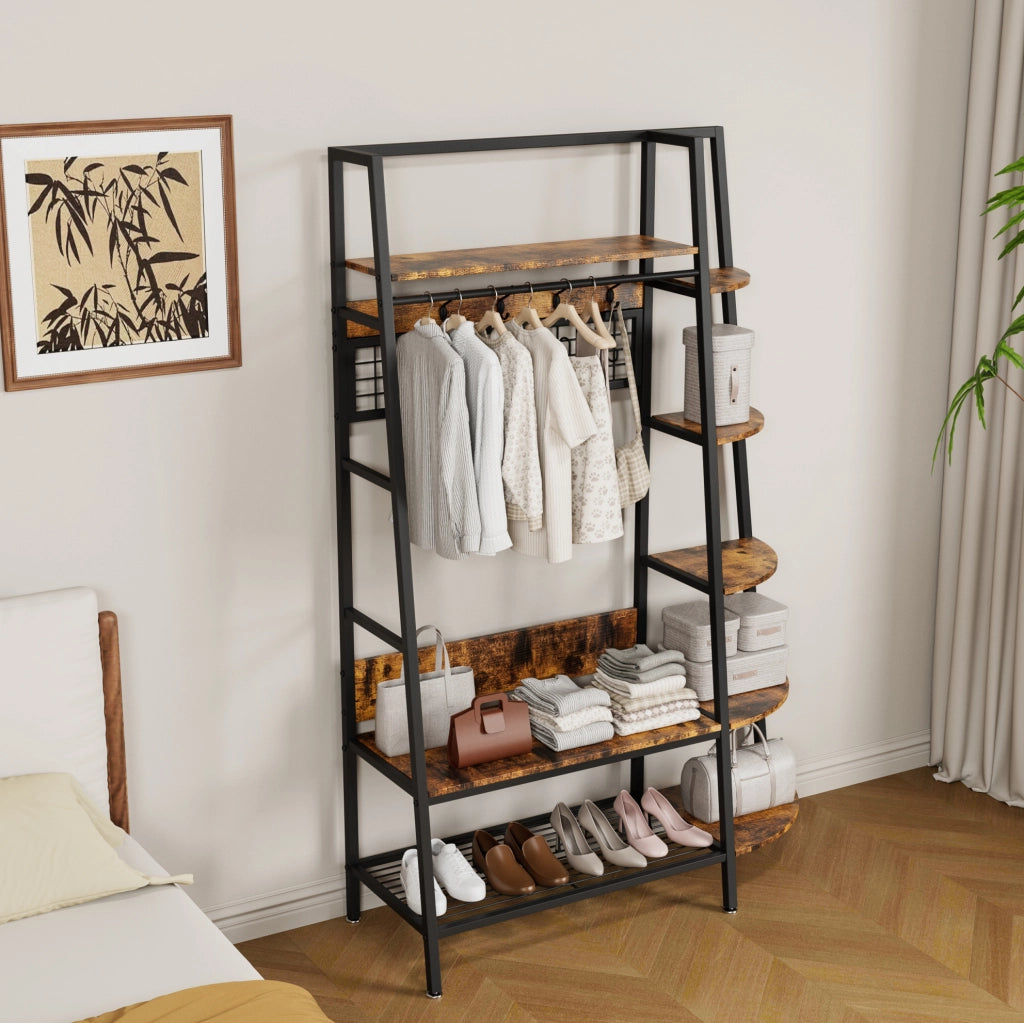 Appendiabiti Industriale Autoportante con Mensole in Legno Marrone Retro - Organizer Multiuso per Abiti e Scarpe