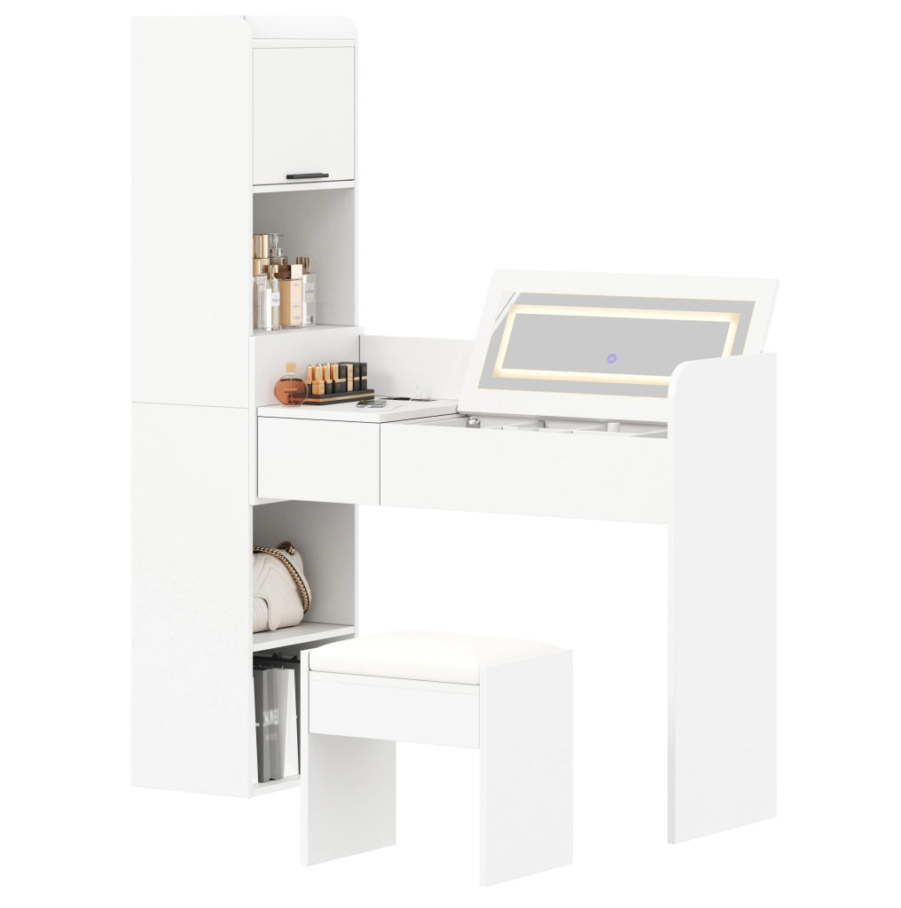 Toeletta 131x40x160 cm con specchio LED, USB e sgabello in legno ingegnerizzato bianco