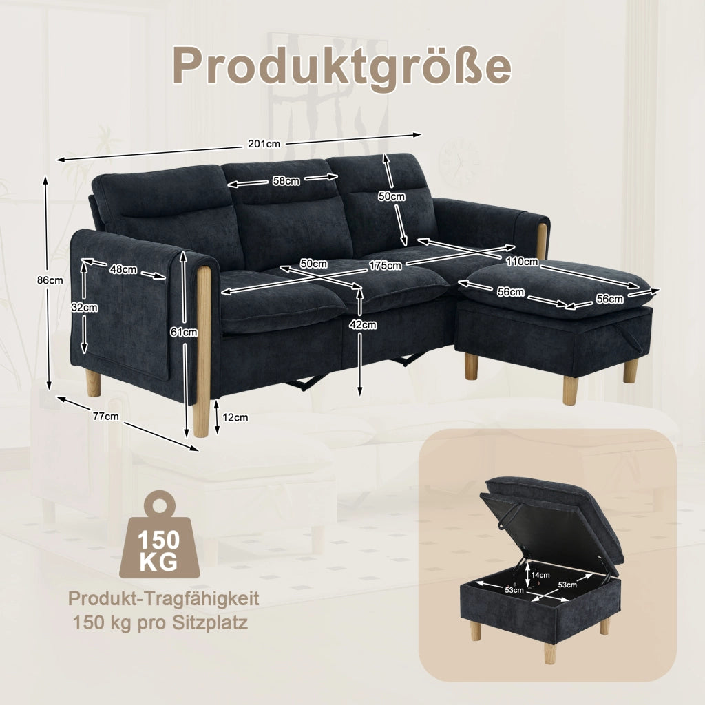 Divano angolare a 3 posti in chenille nero con pouf contenitore e chaise longue reversibile 201 × 77 × 86 cm