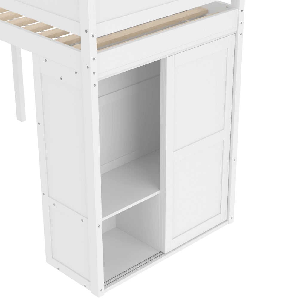 Letto a soppalco 90x200 cm con armadio e vano portaoggetti; pino e MDF; bianco
