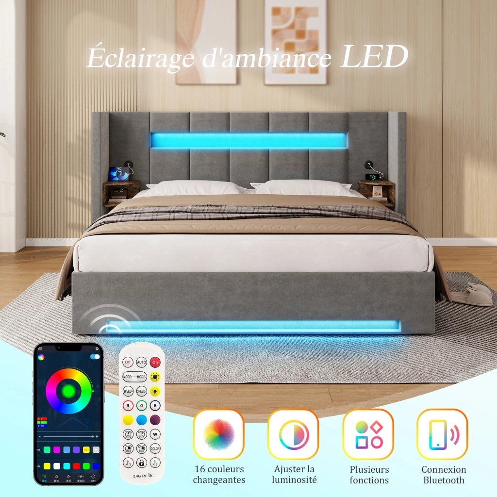 Letto matrimoniale 160 × 200 cm con vano idraulico, LED, USB e armadietti, senza materasso, velluto grigio scuro