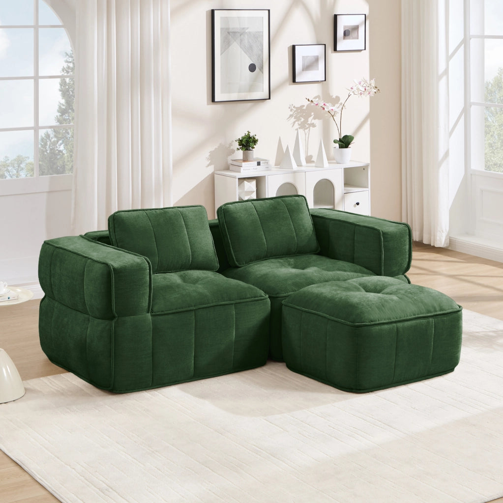 Divano modulare angolare a 2 posti con pouf, schiuma alta densità 32D, tessuto in poliestere verde, senza struttura