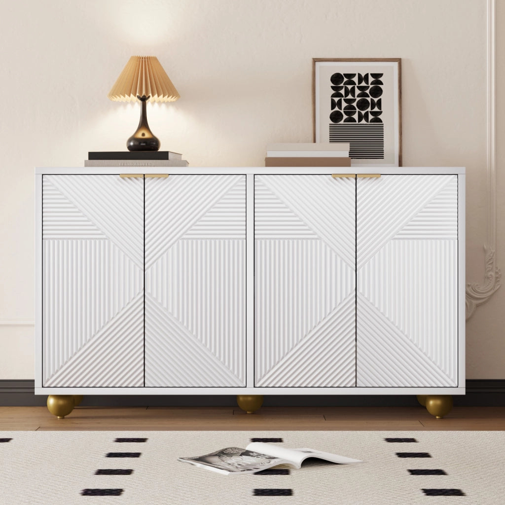 Credenza bianca a quattro ante 120 x 35 x 71;5 cm in MDF con gambe sferiche