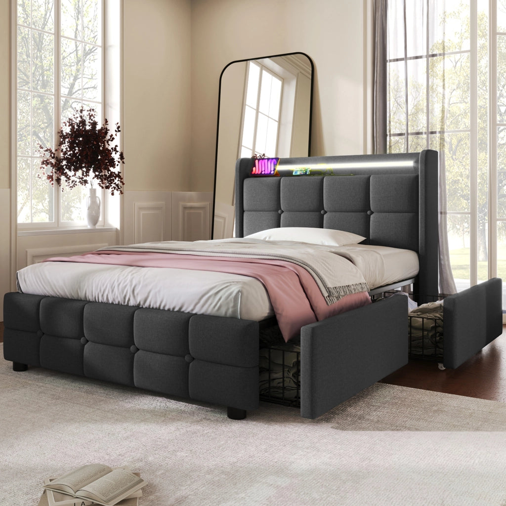 Letto con cassetti 90 × 200 cm con LED prese USB e due cassetti laterali struttura in metallo grigio