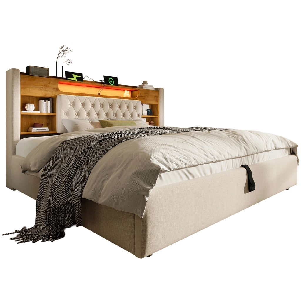 Letto matrimoniale 160x200 cm con contenitore idraulico, LED e porte USB, beige