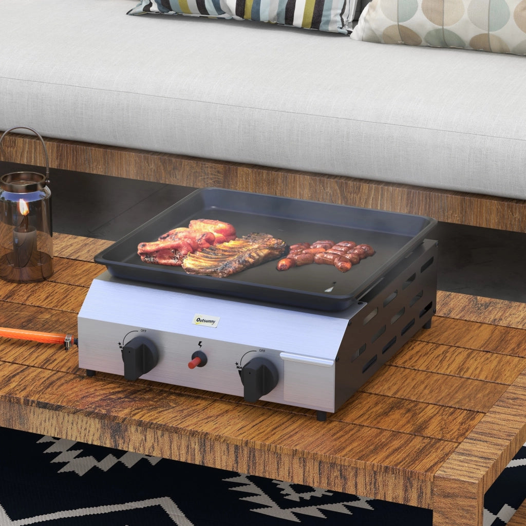 Piastra Barbecue a Gas con 2 Bruciatori Regolabili 4.8kW, Piano Antiaderente Compatto per Giardino ed Esterno, Argento