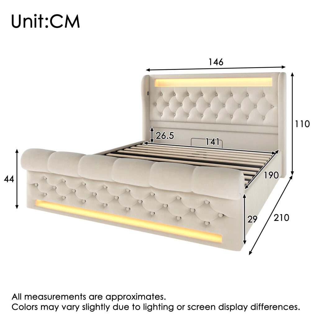 Letto imbottito matrimoniale beige 140x190 cm con LED, porta USB e Type-C, contenitore idraulico in velluto senza materasso