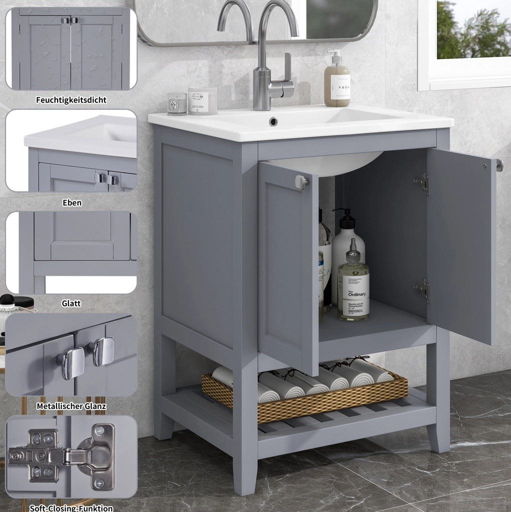 Mobile lavabo da terra con lavabo in ceramica grigio e bianco