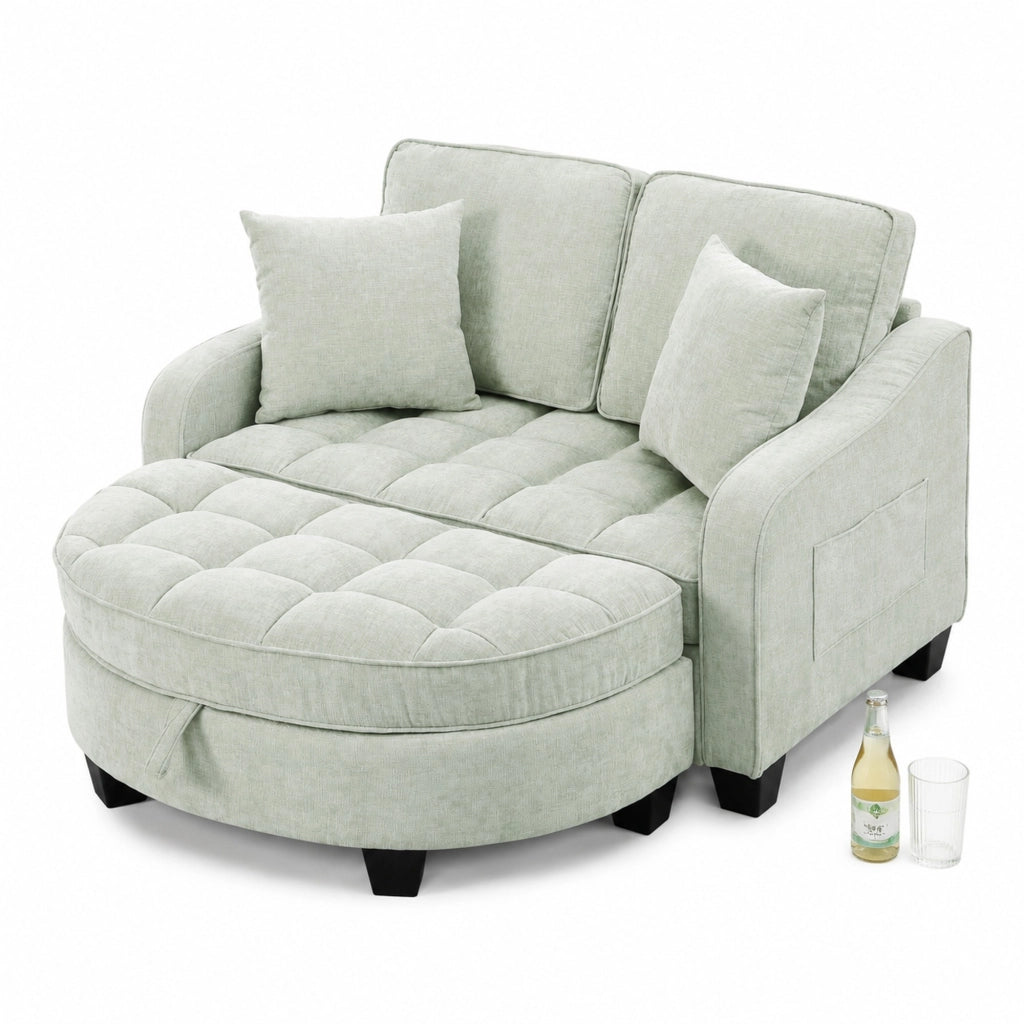 Divano letto trasformabile 132x129x93 cm con pouf contenitore in legno di eucalipto; ciano