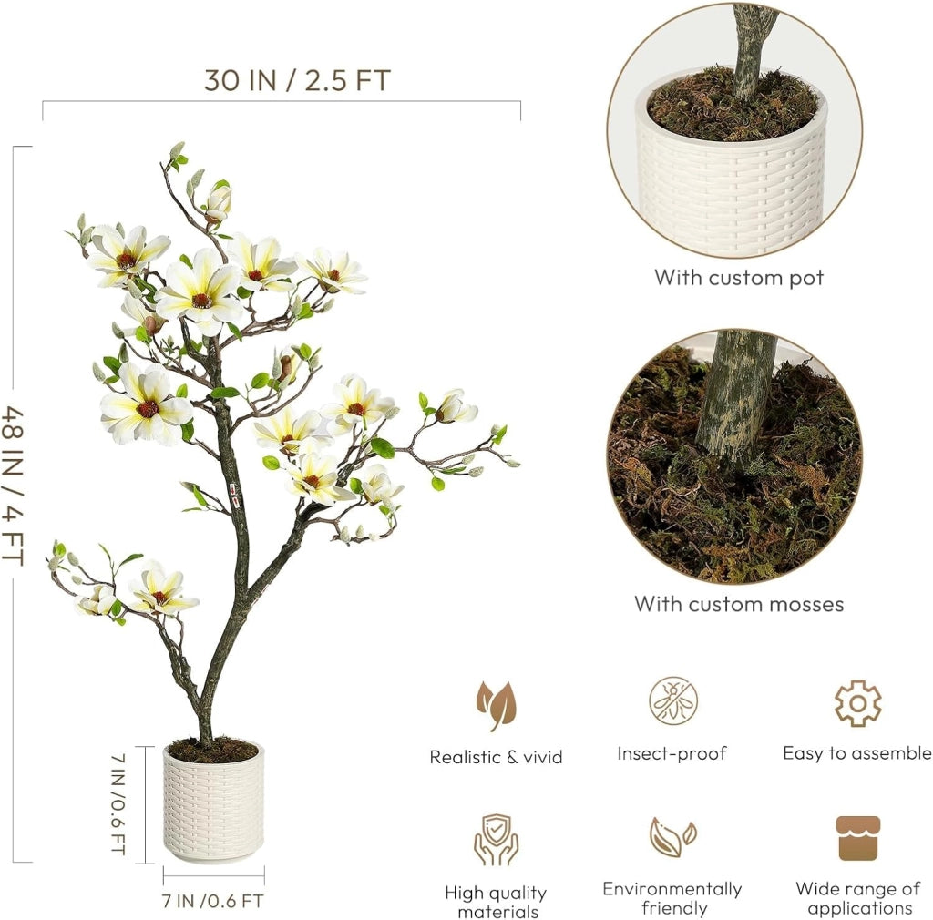 Pianta di Orchidea Bianca Artificiale 120 cm con Ramo Fiorito e Vaso da Salotto
