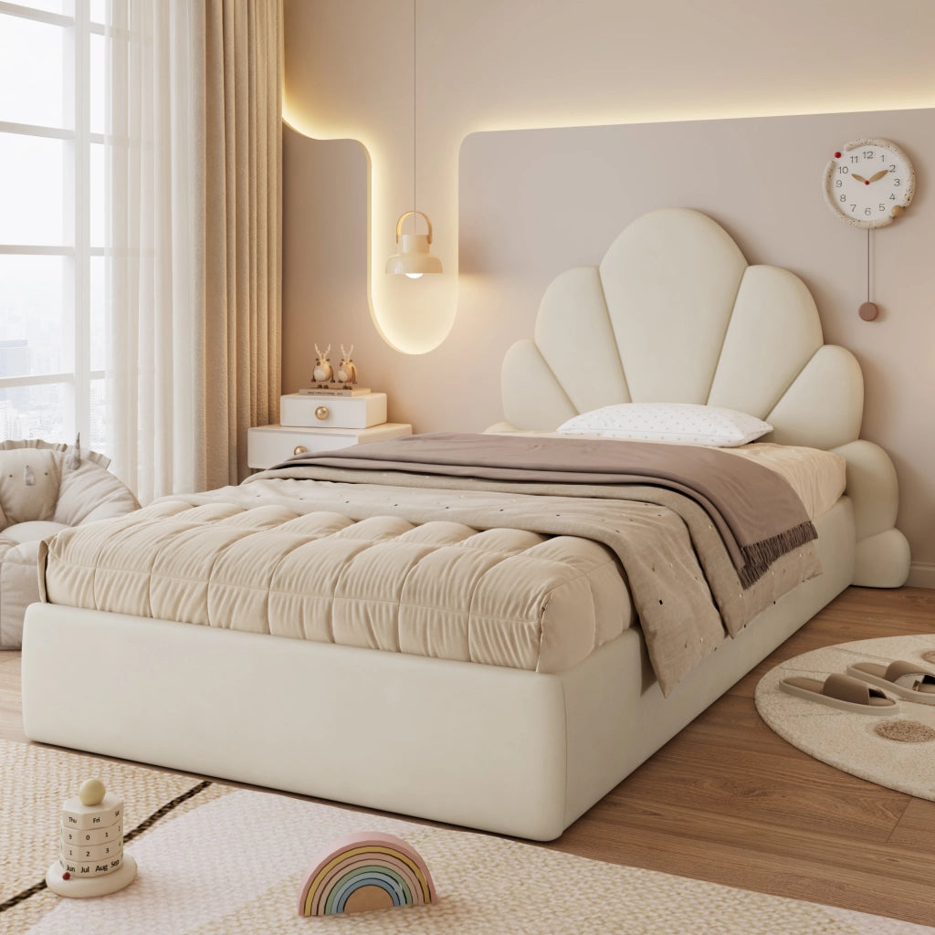 Letto singolo imbottito 90 ¡Á 200 cm con testiera a petali in velluto beige rete a doghe e tavolini laterali