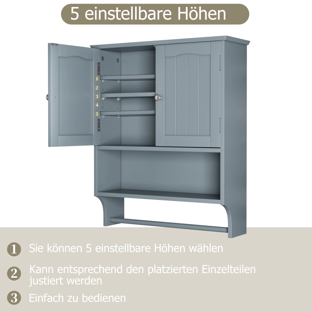 Mobiletto da bagno a muro con portasalviette, 2 sportelli e ripiani aperti in MDF grigio chiaro, 56,8 x 19 x 70 cm