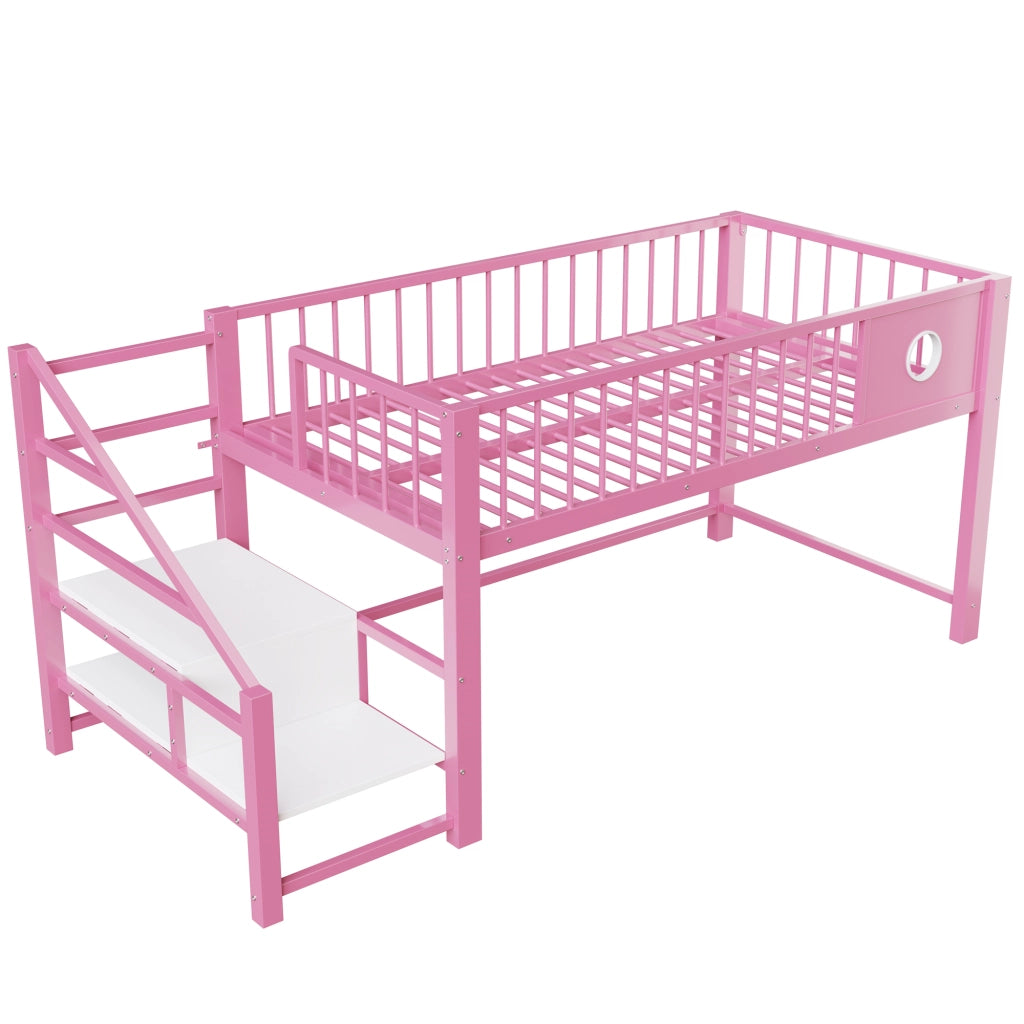 Letto a soppalco basso 90 × 200 cm 1 posto con scala contenitore e vano sottostante; senza materasso; rosa