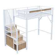 Letto a castello alto in metallo 90x200 cm con recinto di sicurezza a finestra e scala con armadietto, bianco