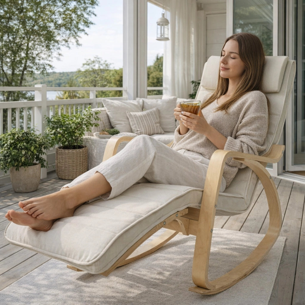 Sedia A Dondolo Reclinabile In Legno E Metallo Con Poggiapiedi Poltrona Regolabile 5 Posizioni Per Balcone Giardino Interno Esterno 121.5 x 55 x 84 Cm Beige