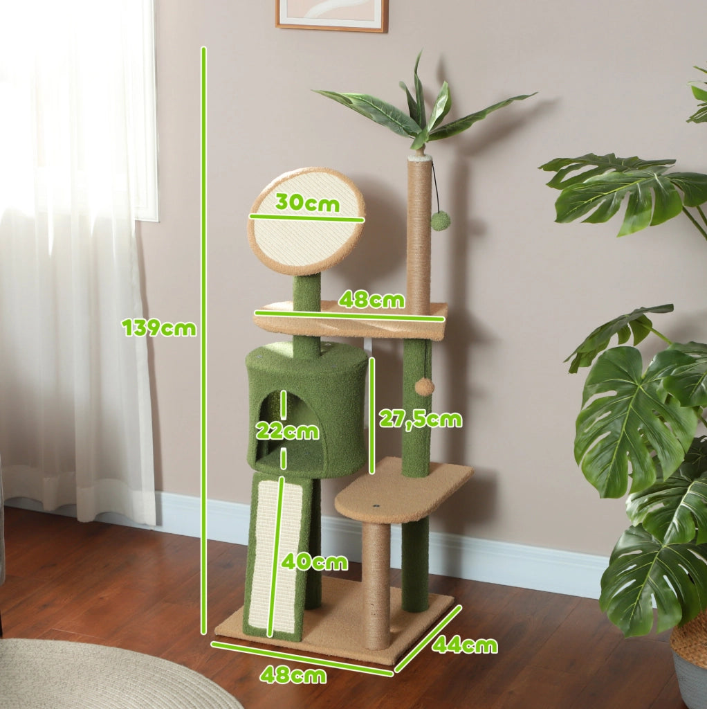 Tiragraffi verde 139 cm con cuccia, rampa e giochi per gatti