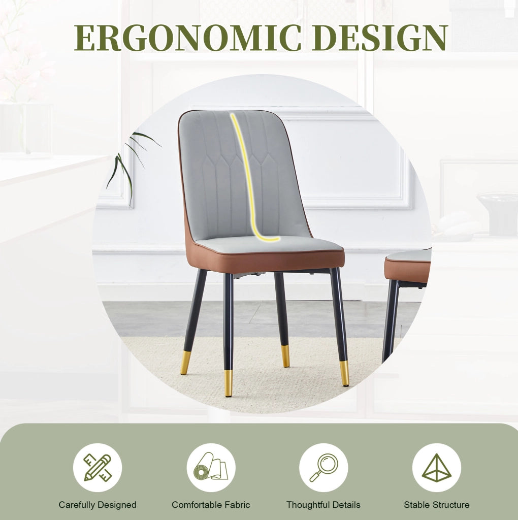 Set da 2 sedie da pranzo moderne con schienale in ecopelle bicolore grigio chiaro e marrone e gambe in metallo nero