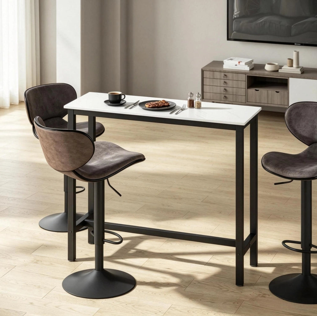 Tavolo Bar Moderno con Struttura in Acciaio Nero e Piano Effetto Marmo Bianco 120x40x100 cm