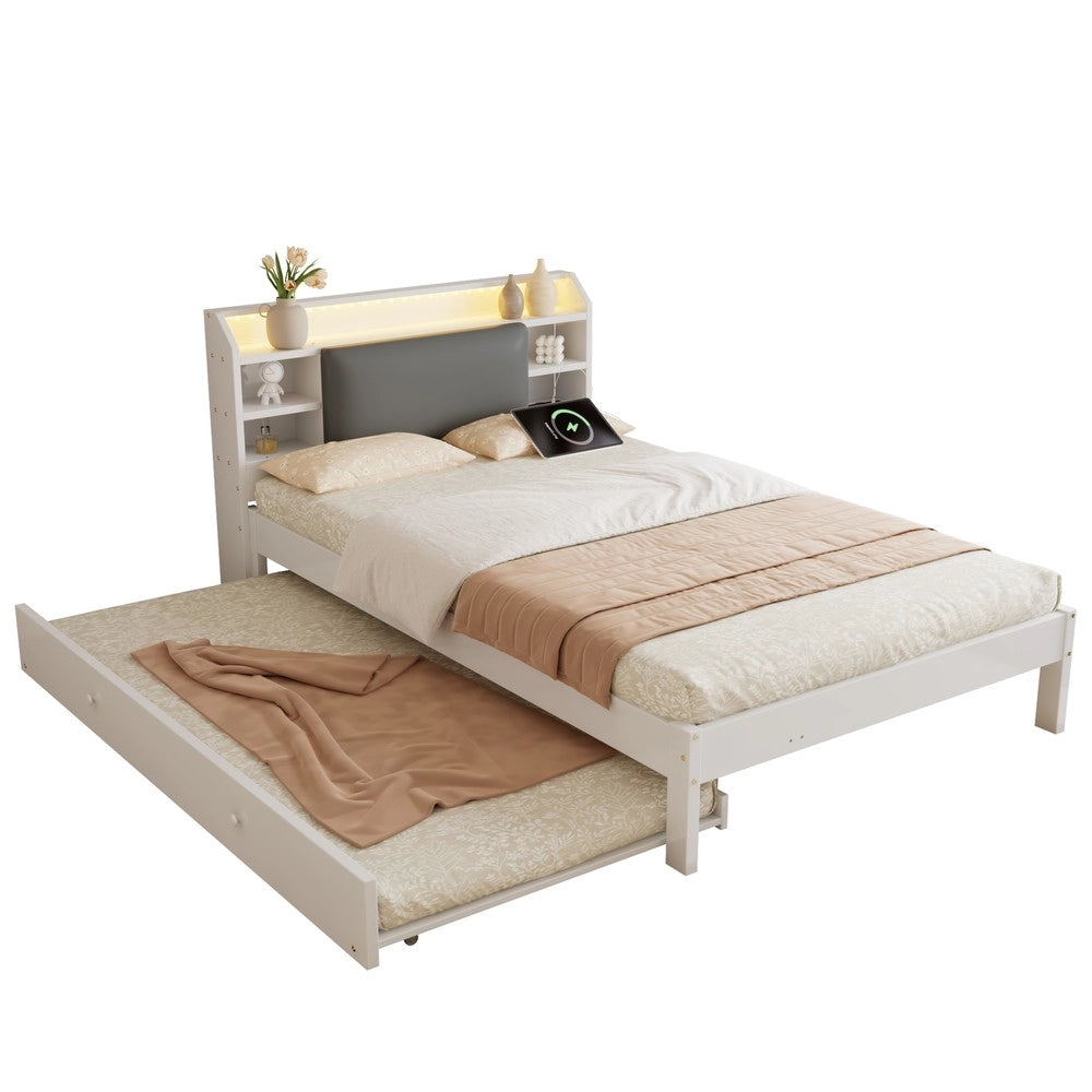 Letto in legno con letto estraibile e testiera imbottita LED ¨C Minimal ¨C Bianco 120x200 cm, letto estraibile 90x190 cm