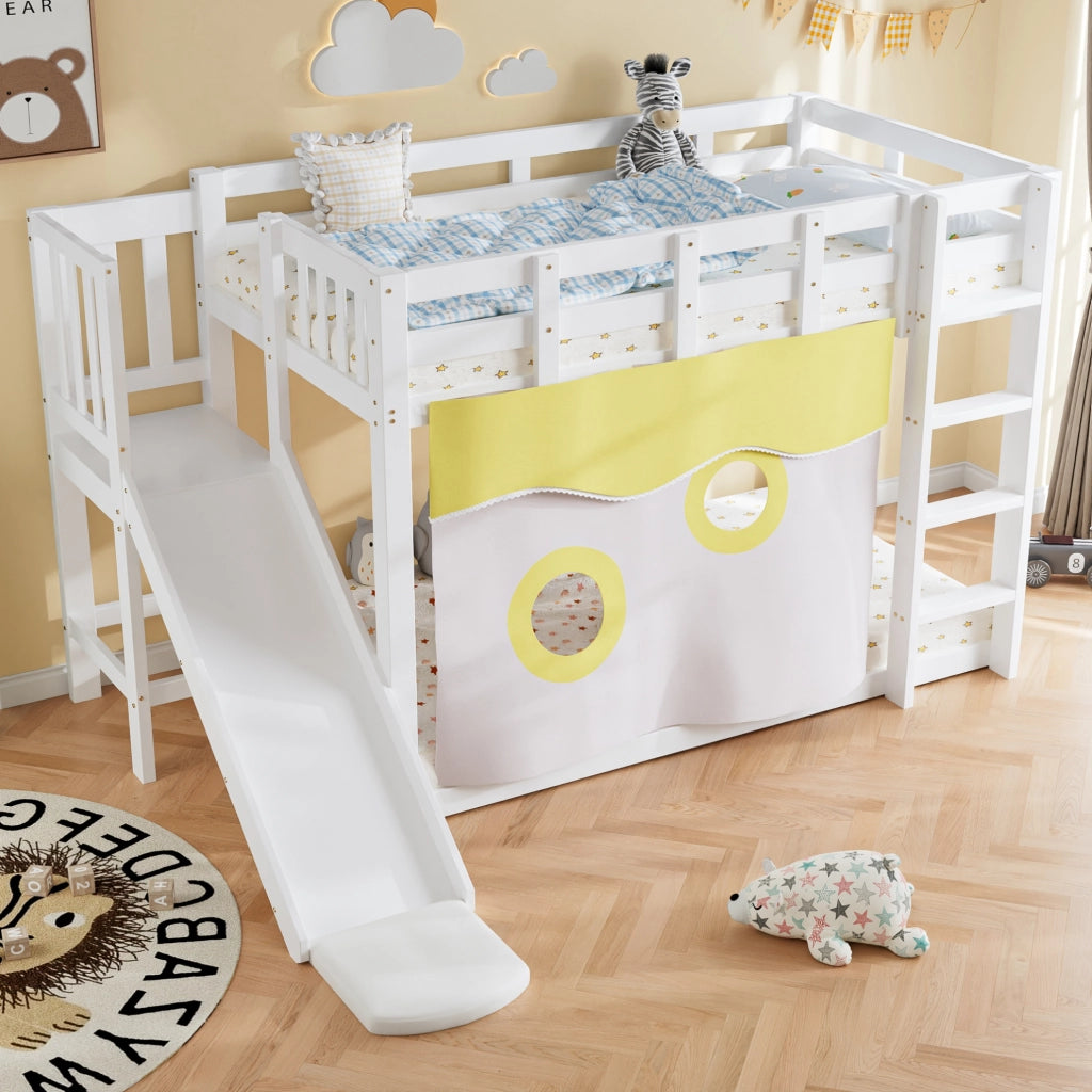 Letto a castello per bambini con scivolo, scala e tende, salvaspazio e funzionale