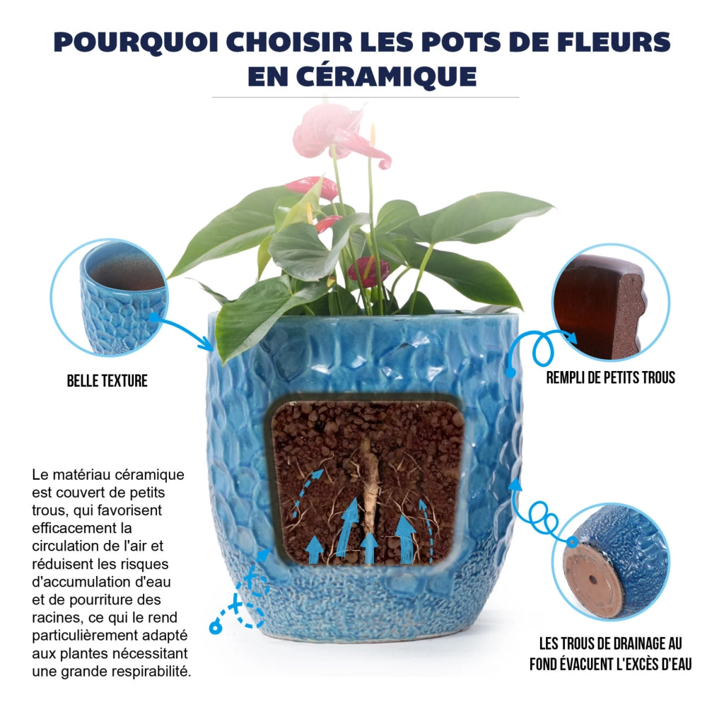 Vaso in ceramica artigianale ø38 cm, blu lucido con rilievo martellato e foro di drenaggio, resistente al gelo