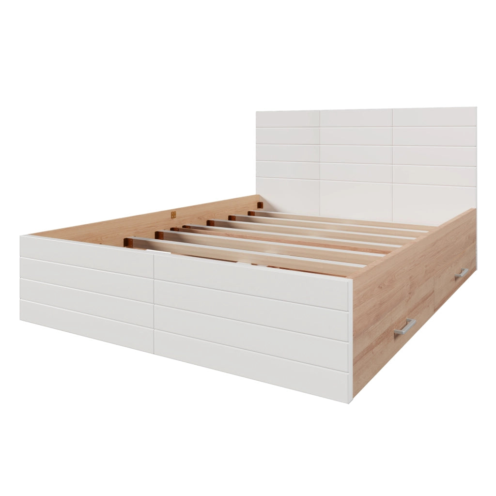 Letto matrimoniale 160x200 cm con 2 cassetti in legno massello e MDF bianco rovere