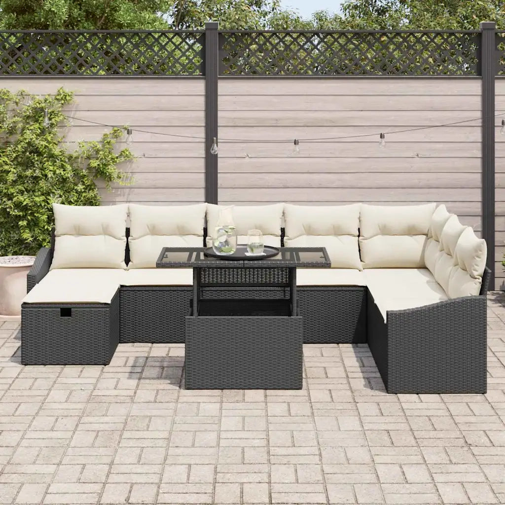 Set Divano da Giardino 9 pcs Nero polyrattan
