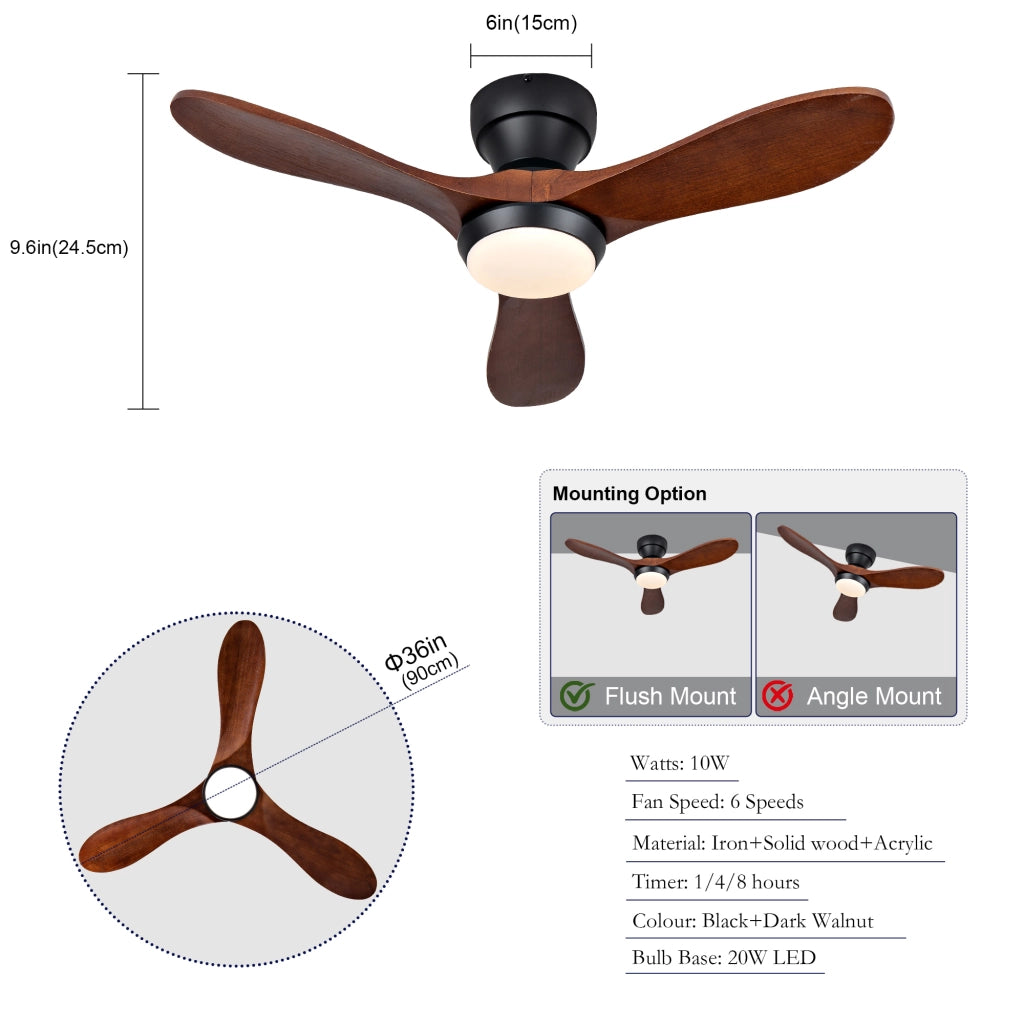 Ventilatore da soffitto da 36 pollici con luce LED regolabile e telecomando, nero e noce scuro
