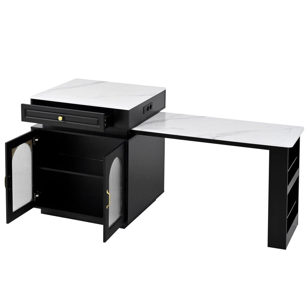 Isola Cucina con Ruote e Tavolo da Pranzo Allungabile; Tavolo Bar con Prese e LED; Nero