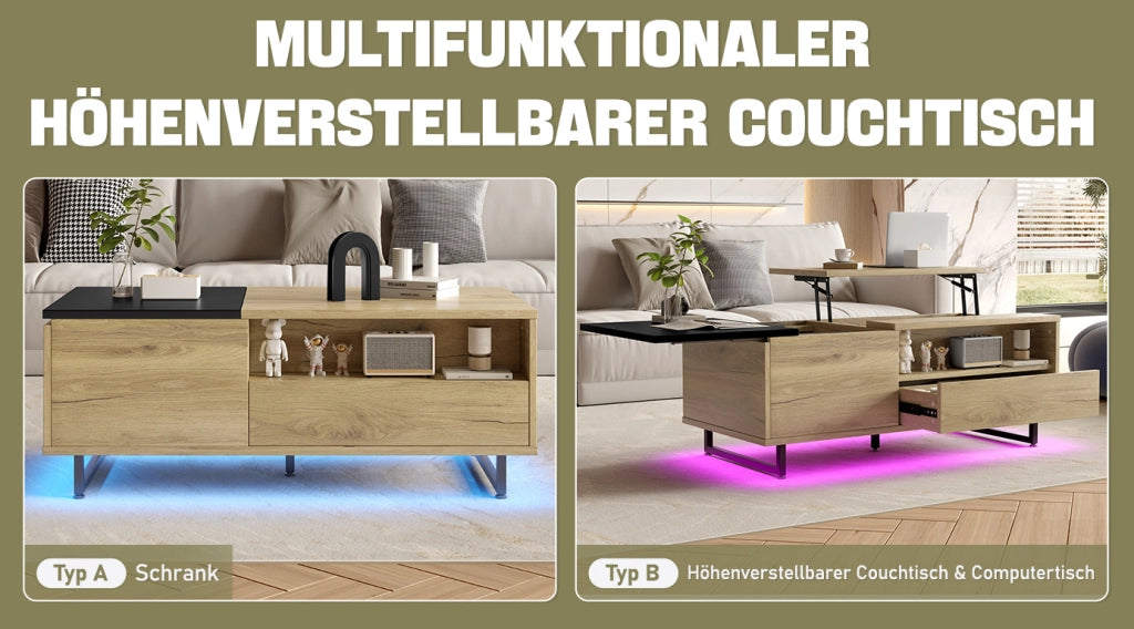 Tavolino da soggiorno multifunzionale con piano regolabile in altezza, LED integrato e ampio spazio contenitivo, struttura in metallo, finitura legno e nero, 103,5x50x27,5 cm