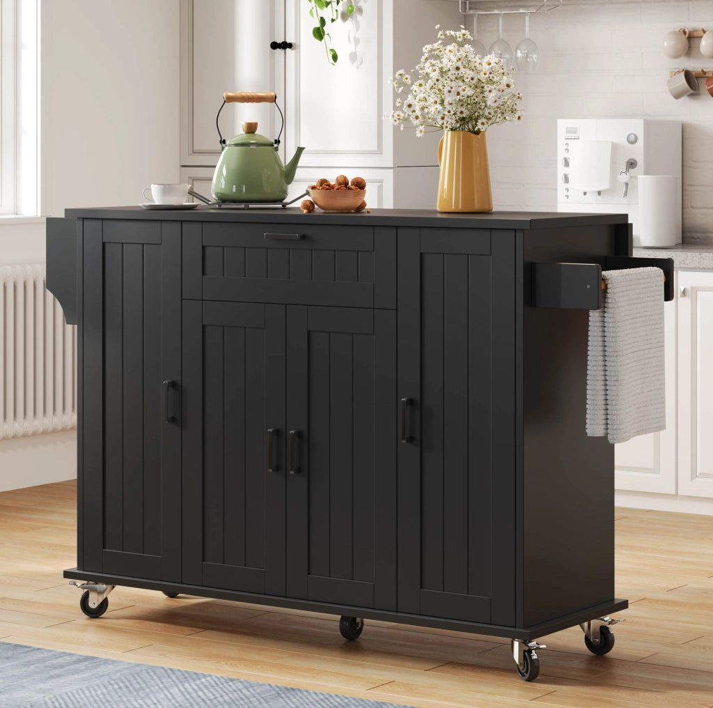 Carrello da cucina 120x45x95 cm con piano ribaltabile e 5 ruote in MDF; nero