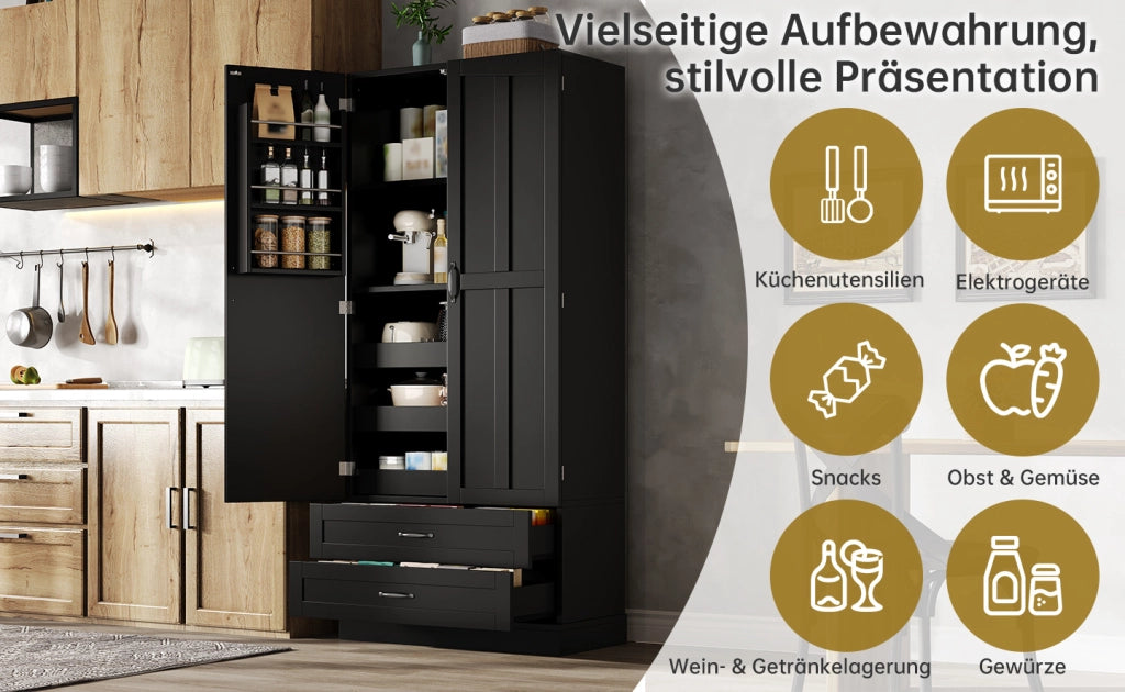 Mobile da cucina alta in MDF con 3 ripiani estraibili, 2 cassetti e ante con scaffali, 80x37,5x180 cm