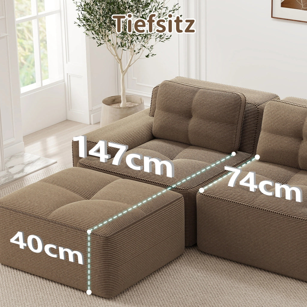 Divano angolare modulare in morbido tessuto a coste con funzione letto e 3 pouf, 3 posti, colore marrone