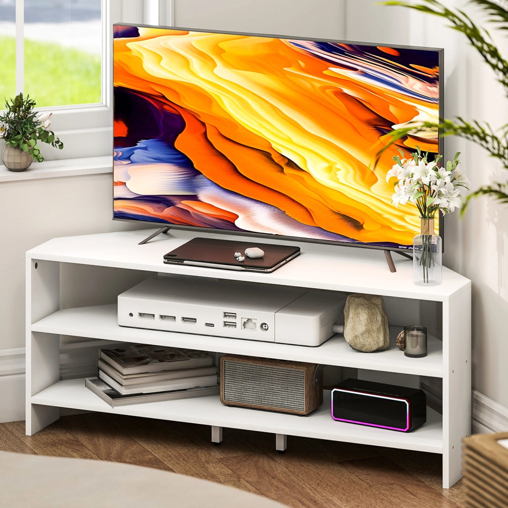 Mobile TV Angolare in Legno con 2 Ripiani Aperti per TV fino a 47 Pollici ¨C zephmum ¨C Bianco 110x36x45 cm