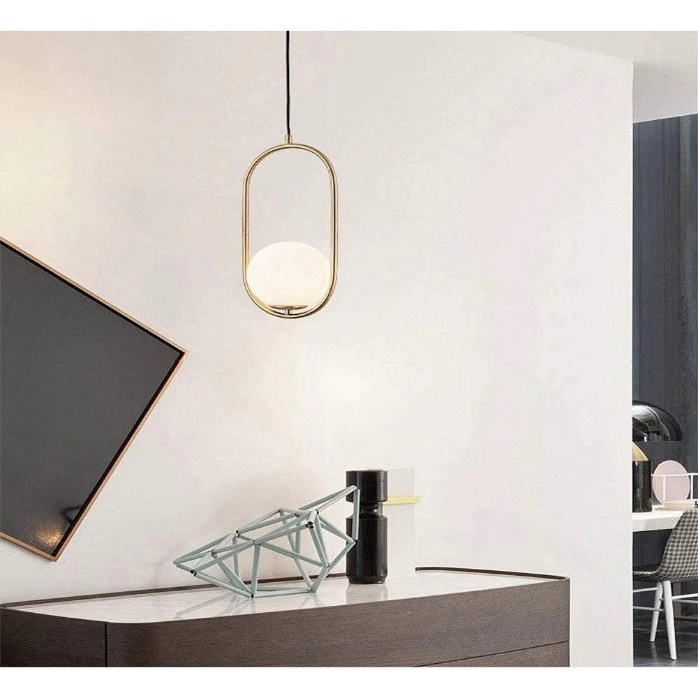 Trade Shop - Lampadario A Sospensione Oro Ovale Con Sfera Vetro Attacco E27 Moderna Minimal 32835 -