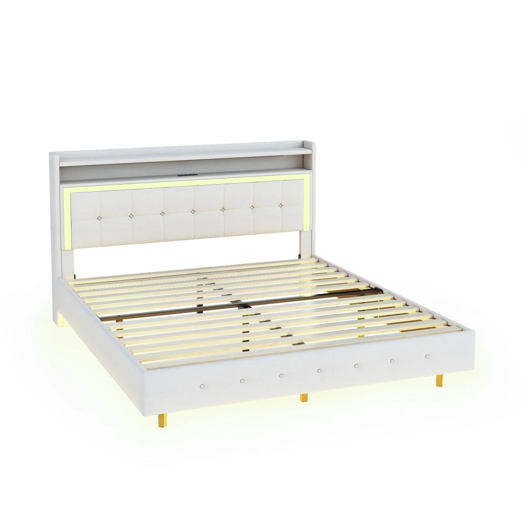 Letto imbottito matrimoniale 140x200 con USB e LED; beige
