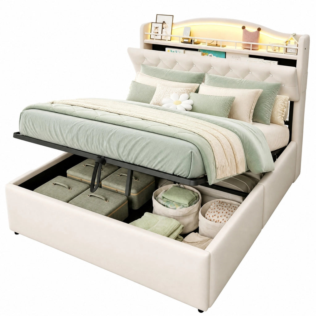 Letto matrimoniale contenitore 140x200 cm in velluto beige con LED; USB e USB-C HOMVRA