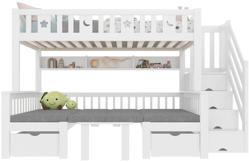 Letto a Soppalco 90x200 cm in Legno di Pino con Scrivania; Scaffali; Sponde di Sicurezza; Scala; Bianco