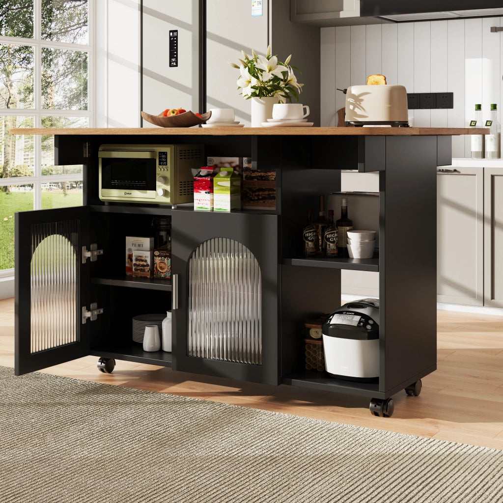 Carrello da cucina con piano pieghevole, ripiani e vani chiusi per cucina, in mdf, metallo e vetro, nero e naturale