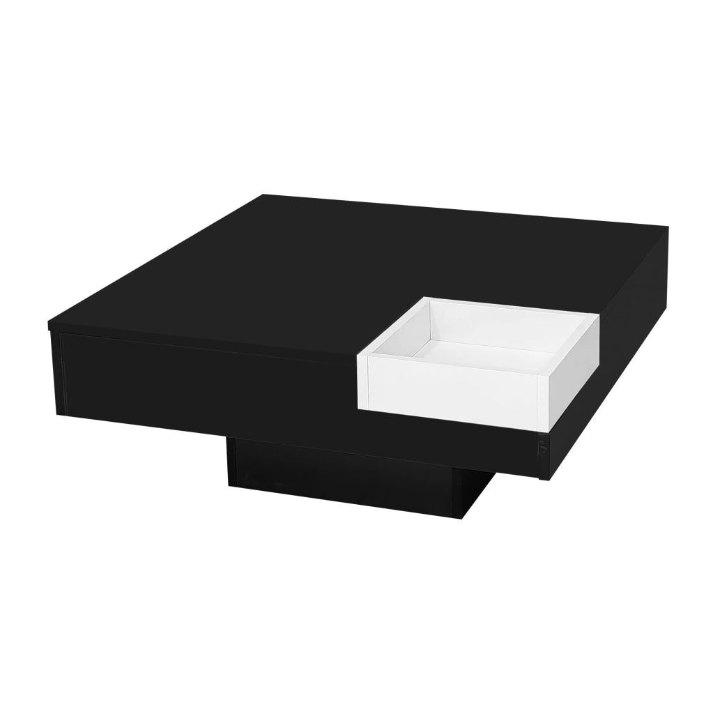 Tavolino da caffè 72x72x30 cm in truciolare nero e bianco lucido con box portaoggetti e LED