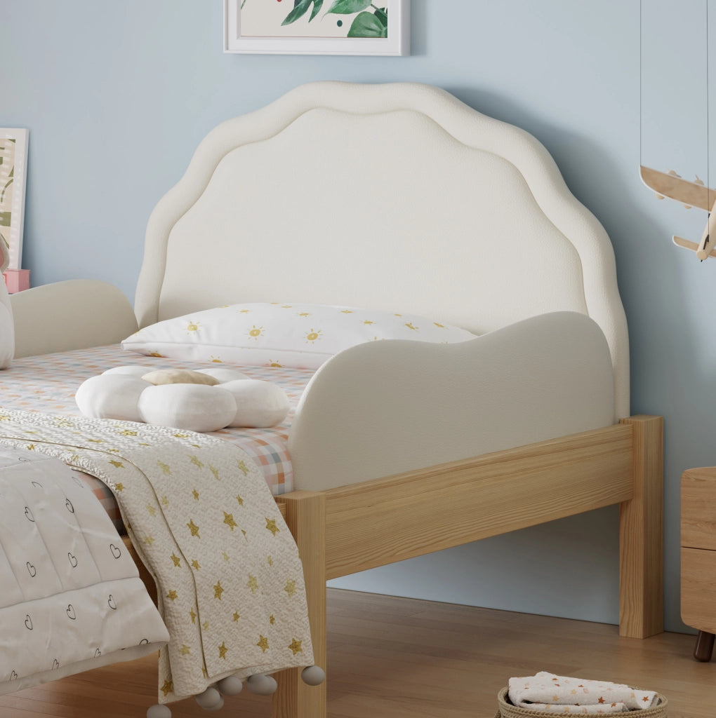 Letto singolo imbottito per bambini 90x200 cm con sponde laterali e testiera in PU beige HOMVRA